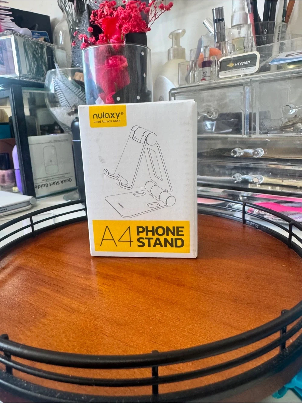 Black A4 Foldable Phone Stand with Clear Brown Phone Case